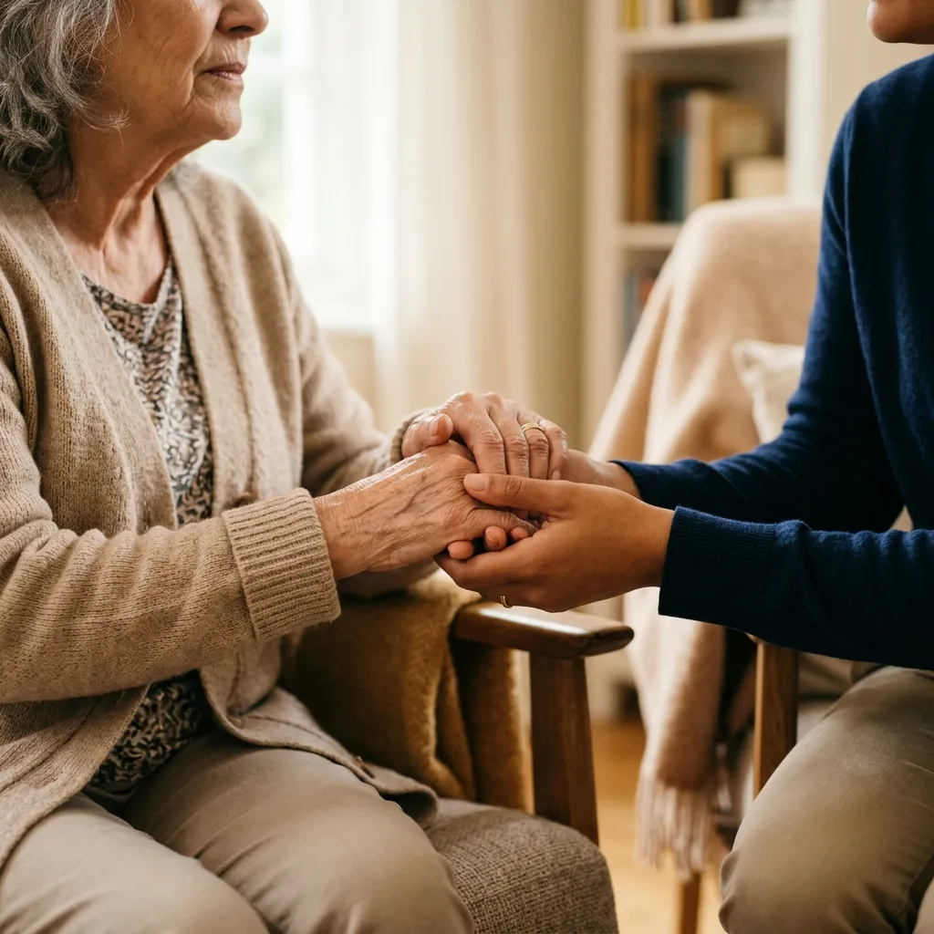 Two people holding hands in a comforting gesture